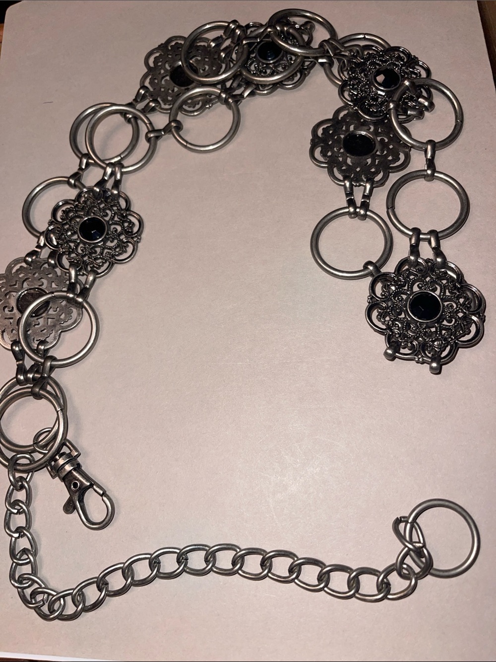 Women's Silver-Tone Filigree Link Belt with Black Accents 46 inches long